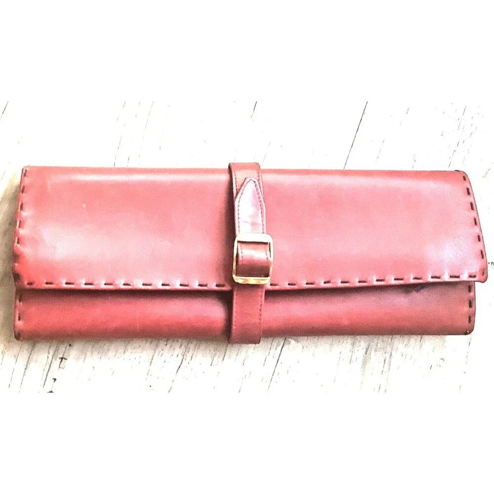 Vintage Jewelry Organizer Red Italian Leather Travel Pouch Blue Suede Lined